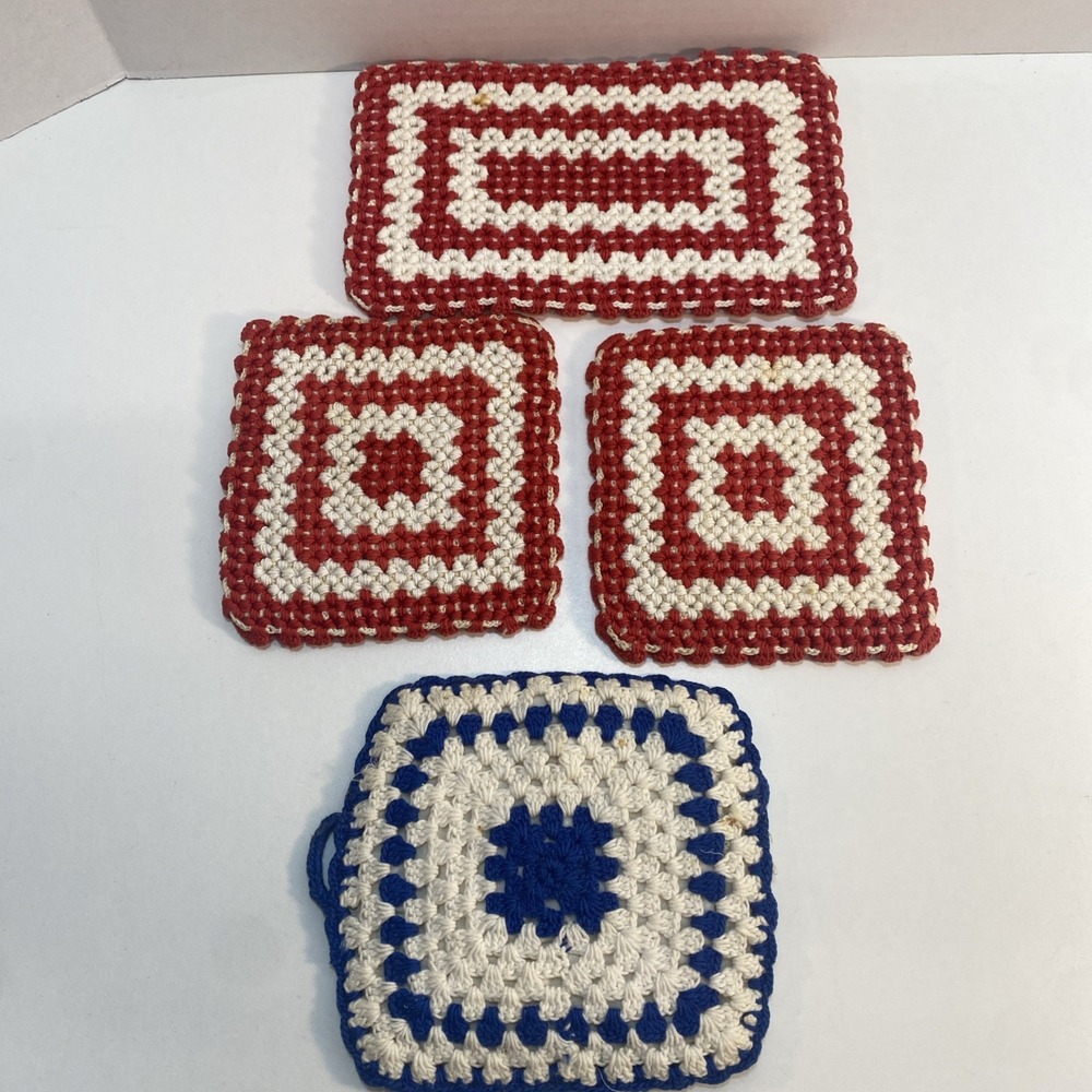 Vintage Handmade Potholders Trivet Crocheted Red White Blue Lot of 4 READ